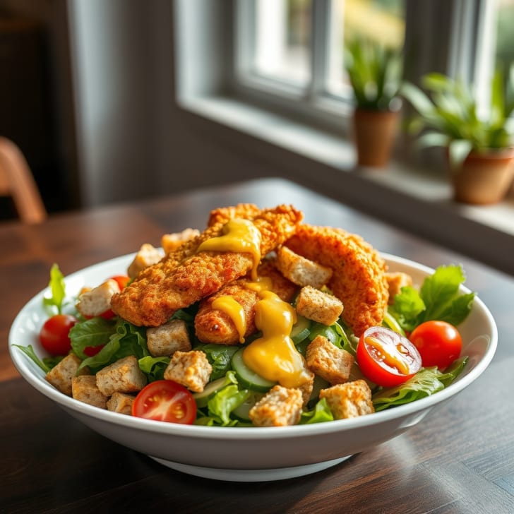 Knuspriger Backhendlstreifen-Salat mit Knoblauch-Dinkel-Croutons