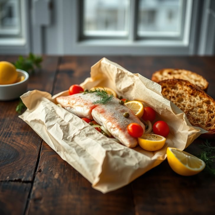 Im Ofen gebackene Forelle mit Fenchel, Zitrone und geröstetem Maisbrot