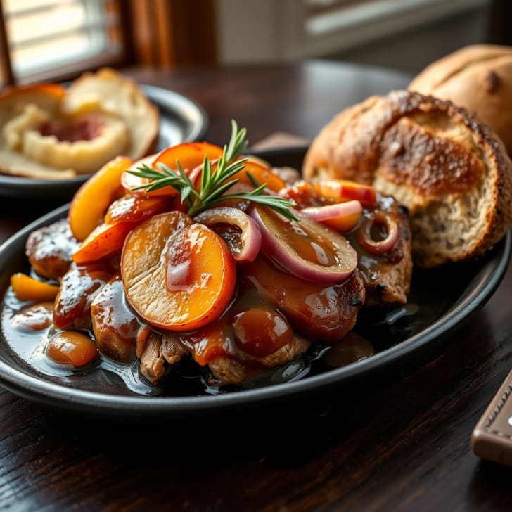 Glasierte Schweinesteaks mit Pfirsich und Spritzer