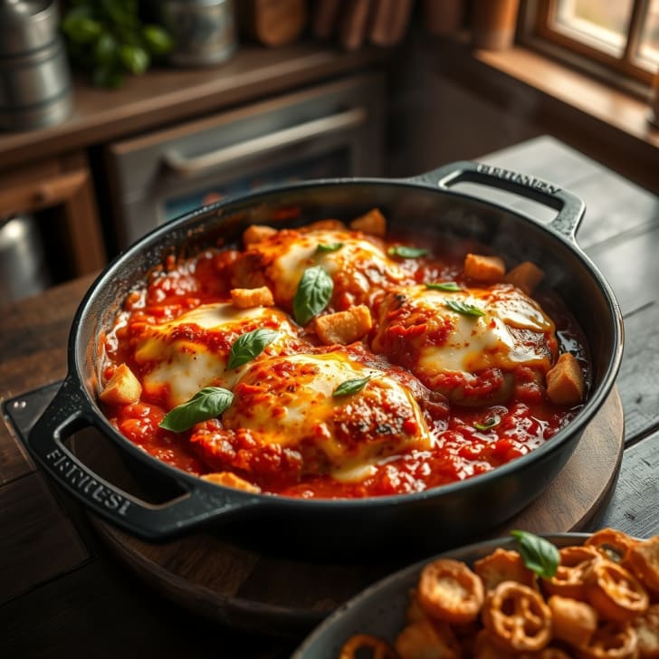 Schweinesteaks Parmigiana-Style mit knusprigen Laugenbaguette-Croûtons