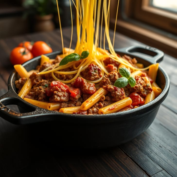 One-Pot-Pasta mit Rinderhack, Tomaten und Cheddar