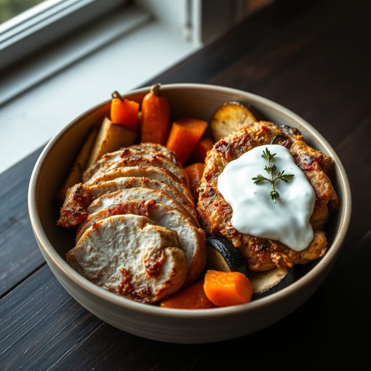 Knusprige Kräuter-Hühner-Bowl mit Ofengemüse
