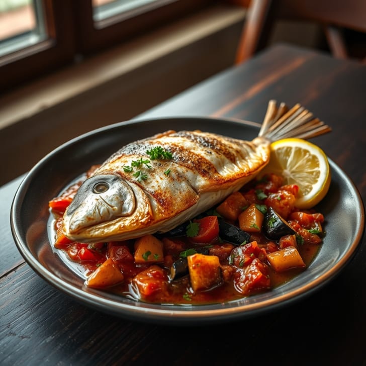 Knusprige Goldbrasse auf rauchigem Melanzani-Tomaten-Ragout