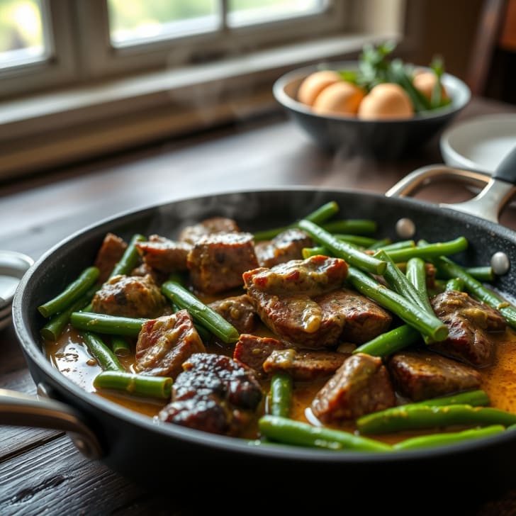 Rindfleisch-Pfanne mit breiten Fisolen in cremiger Senfsauce