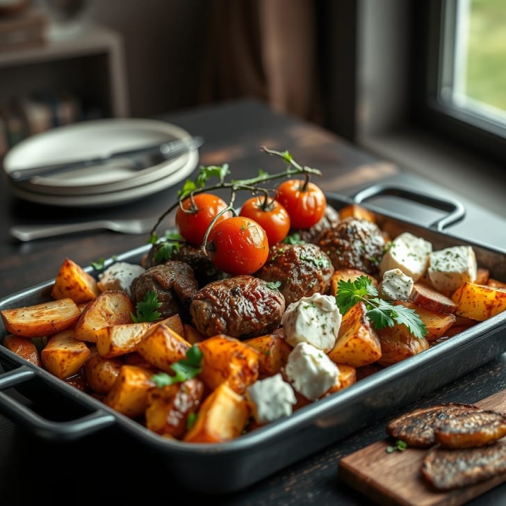 Griechisches Rinder-Kofta und Tomaten-Blechgericht