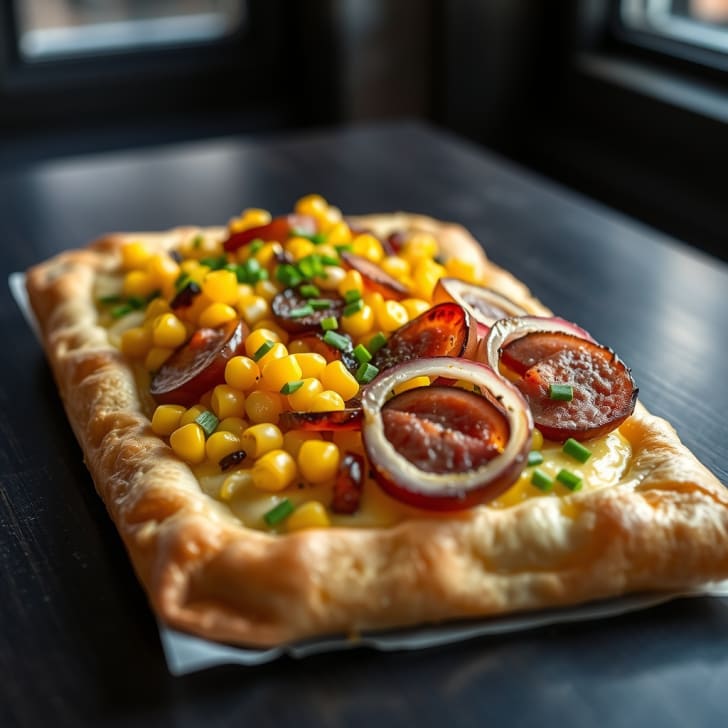 Knusprige Bratwurst-Mais-Blätterteigtarte
