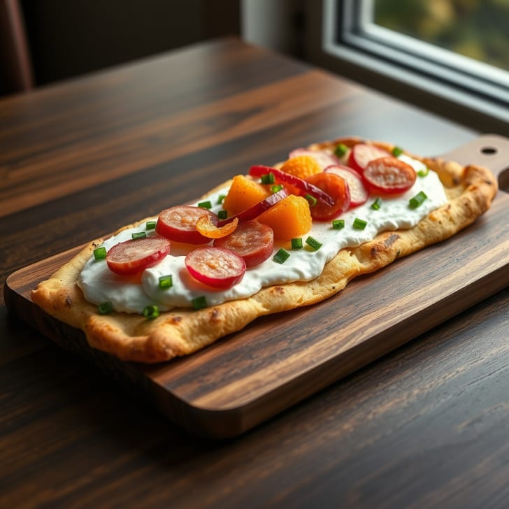 Herzhaftes Wurst-Flatbread mit knackigen Radieschen