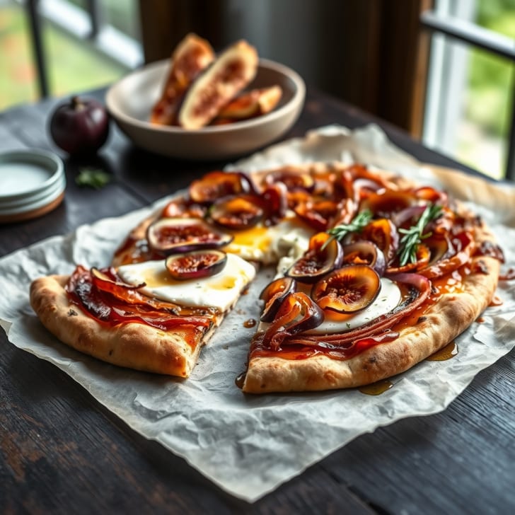 Knuspriger Flammkuchen mit Pancetta, frischen Feigen und cremigem Brie