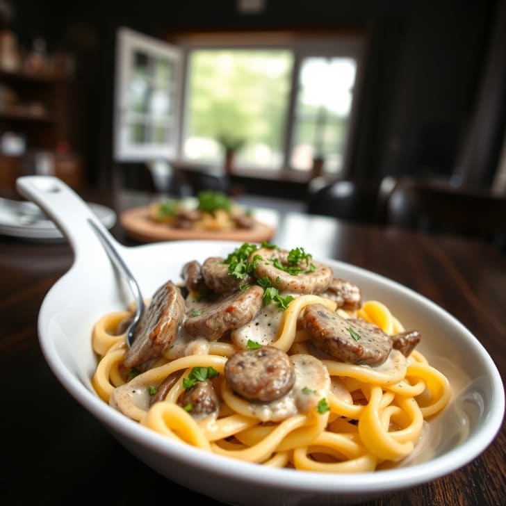 Cremige Rindfleisch-Tagliatelle in Riesling-Knoblauch-Sauce mit Pilzen