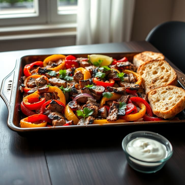 Blech-Schweinesteak-Fajitas mit Knoblauch-Kräuter-Laugentoast