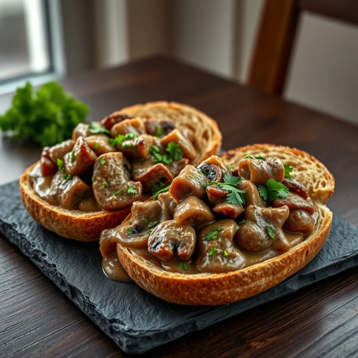 Cremiges Schweine- und Pilzragout mit Hugo Rosé auf gerösteten Mehrkornbrötchen
