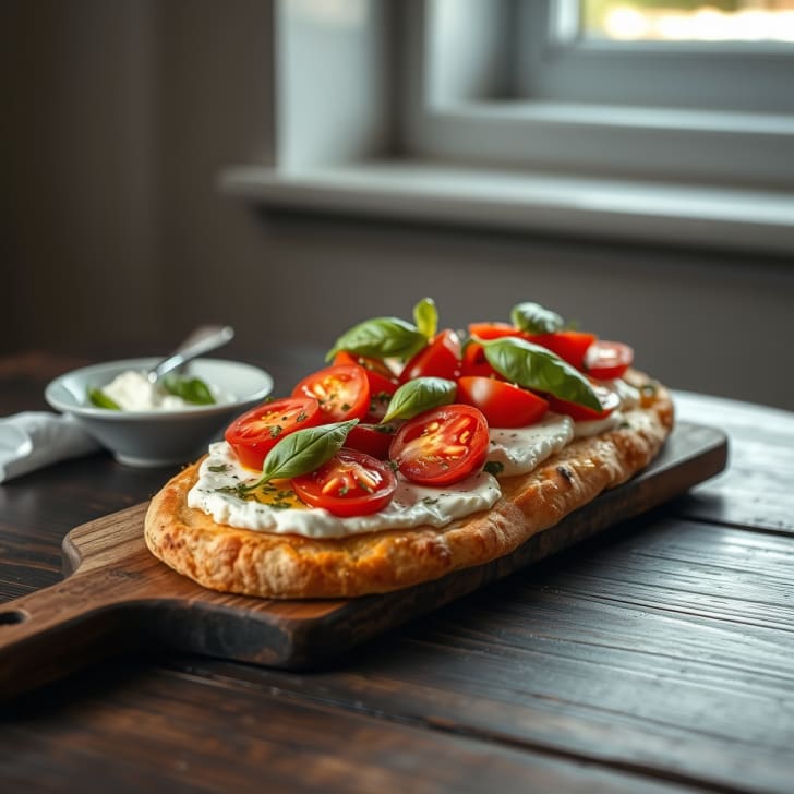 Knusprige Pinsa mit geschmolzenen Tomaten und cremigem Feta