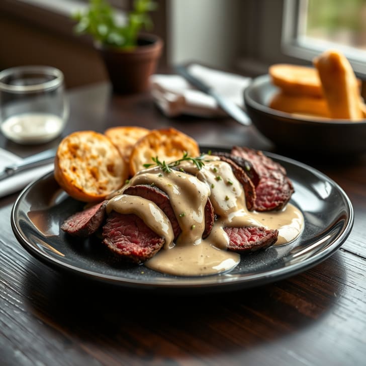 Rindersteaks mit cremiger Pfeffersauce und Knoblauchbaguette