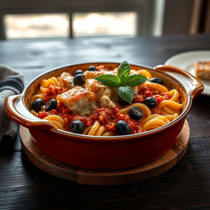 Herzhafter Nudelauflauf mit Thunfisch und Oliven