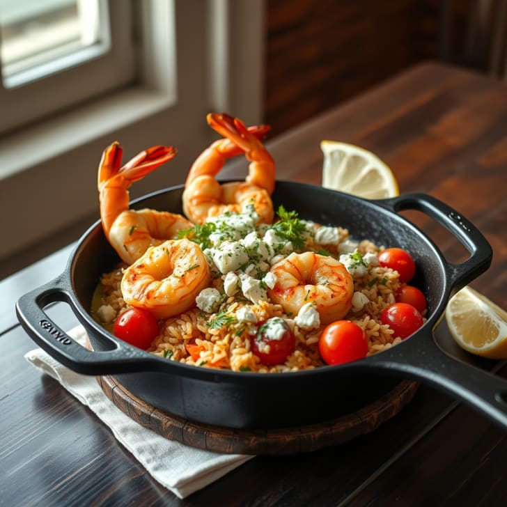 Mediterrane Knoblauch-Garnelen mit gebackenem Feta und Reis