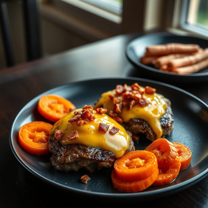 Schweinefilet-Medaillons mit geschmolzenem Gouda, knusprigem Pancetta und glasierten Karotten