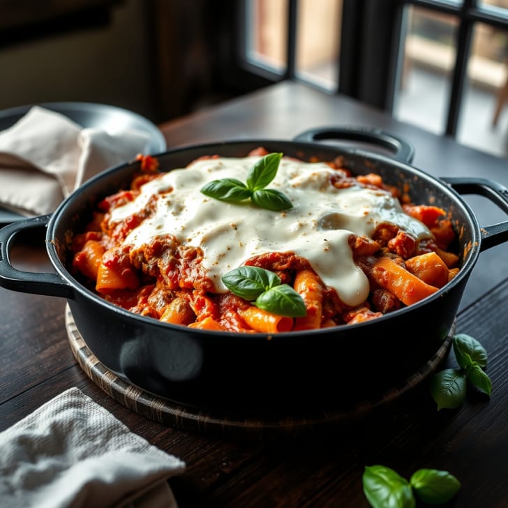 One-Pot-Pfannenlasagne mit Rinderhackfleisch und geschmolzenem Mozzarella