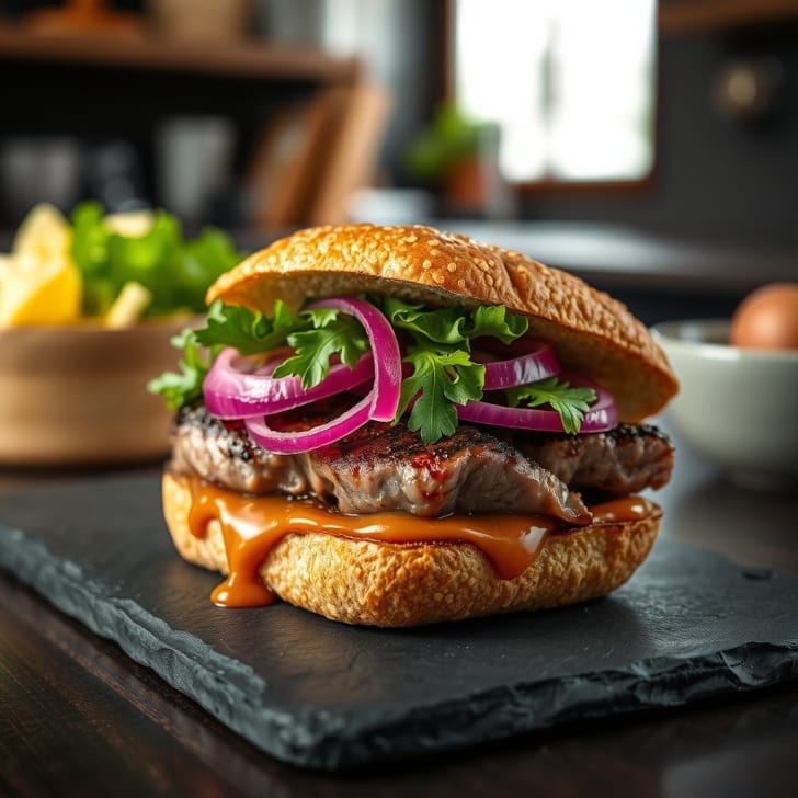 Gegrillte Schweinesteak-Sandwiches mit Spritzer-Essigzwiebeln
