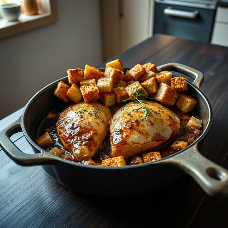Überbackenes Hähnchen in Hugo-Rosé-Zwiebelsauce mit Laugenbaguette-Kruste