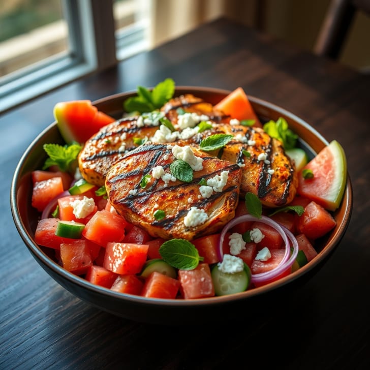 Warme Oregano-Hähnchen-Bowls mit Wassermelonen-Feta-Salat