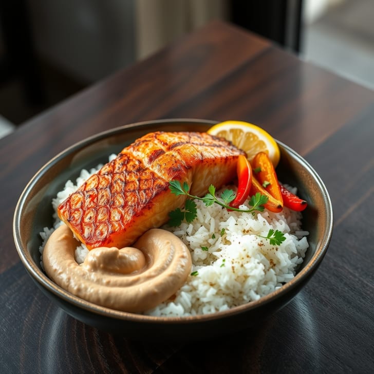 Knusprige Lachs-Bowl mit gegrilltem Spitzpaprika & Hummus