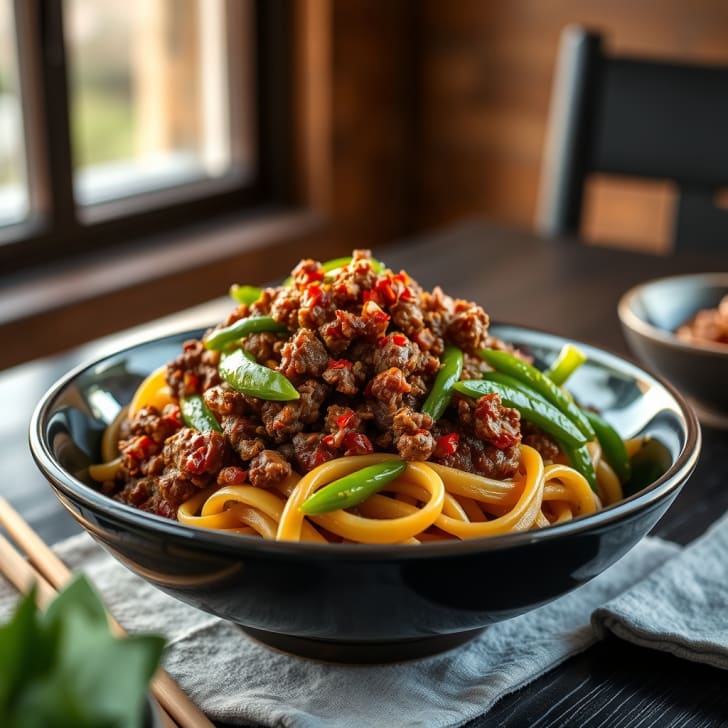 Süß-saure Rinderhack-Nudelpfanne mit grünem Paprika