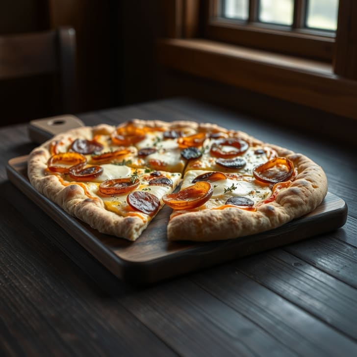 Alpine Blechpizza mit knusprigem Speck und karamellisierten Zwiebeln