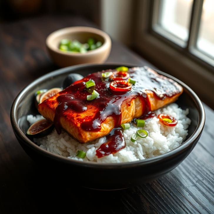 Lachs mit klebriger Feigen-Chili-Glasur und Jasminreis