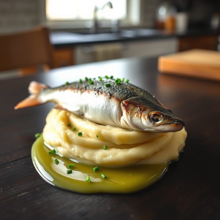 Gebratener Bachsaibling auf cremigem Emmentaler-Kartoffelpüree