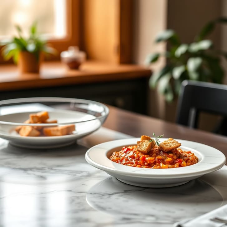 Cremiges Tomaten-Spritzer-Risotto mit Kräuterbutter-Laugenbaguette-Croutons