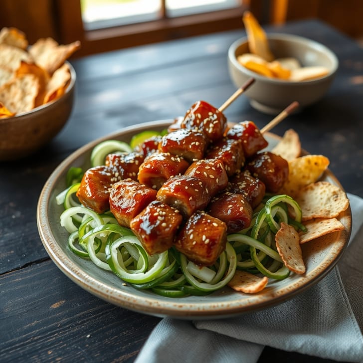 Süße Zitrus-Glasierte Schweinespieße mit gerösteten Mehrkorn-Chips