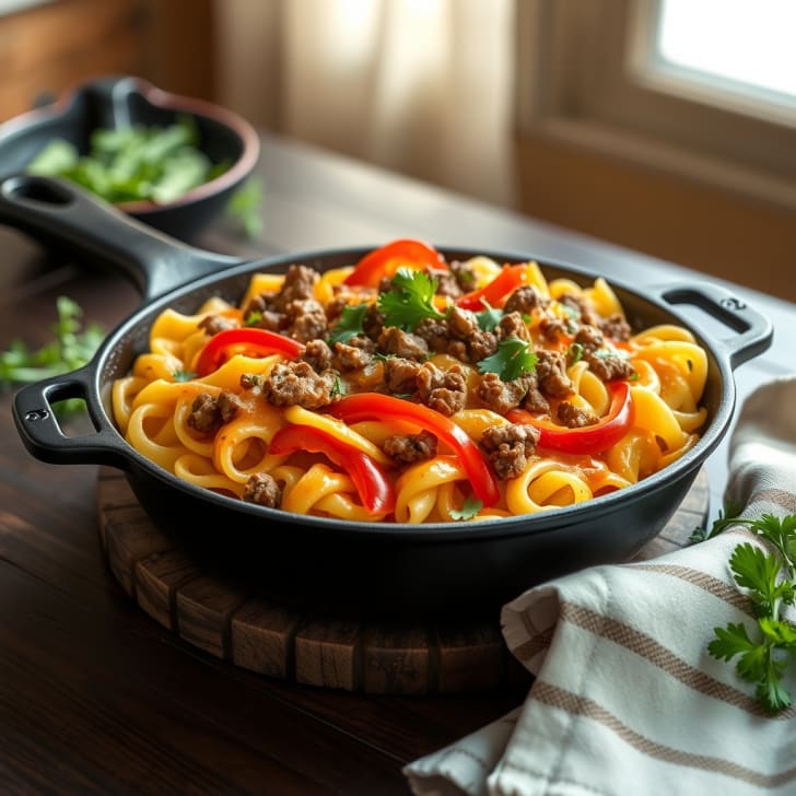 Cremige Spätzle-Pfanne mit Paprika-Rinderhack