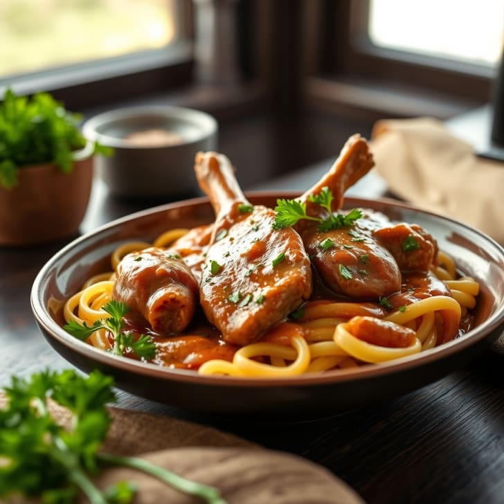 Österreichisches Schweins- und Zwiebelragout mit Hörnchen