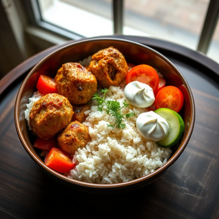 Knusprige Hähnchen-Fleischbällchen-Bowls mit Kräuterreis und Feta