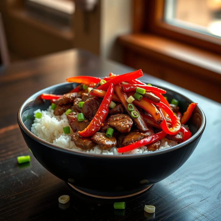 Knuspriges Ingwer-Rindfleisch mit buntem Spitzpaprika