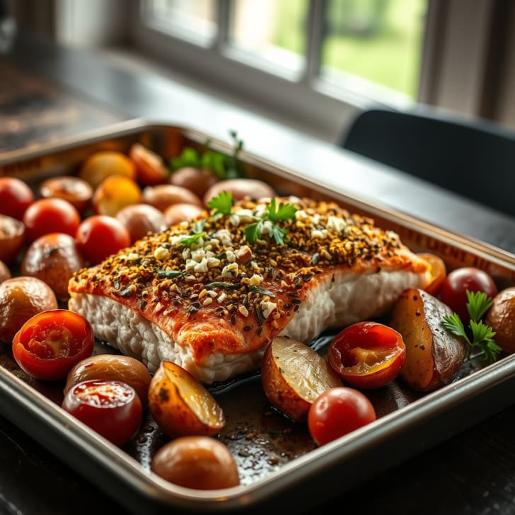 Ofengebackenes Lachsfilet mit Feta-Kräuter-Kruste und geschmolzenen Tomaten