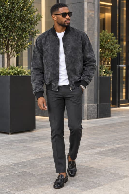 π€ Textured Black Bomber Jacket Look image 1