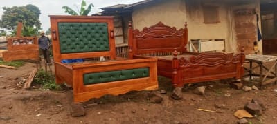 Wooden Bed Frame with Green Button-Tufted Panels