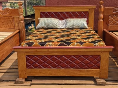 Wooden Bed Frame with Decorative Diamond Panels