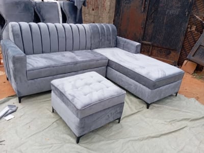 Grey L-Shaped Sofa with Matching Ottoman