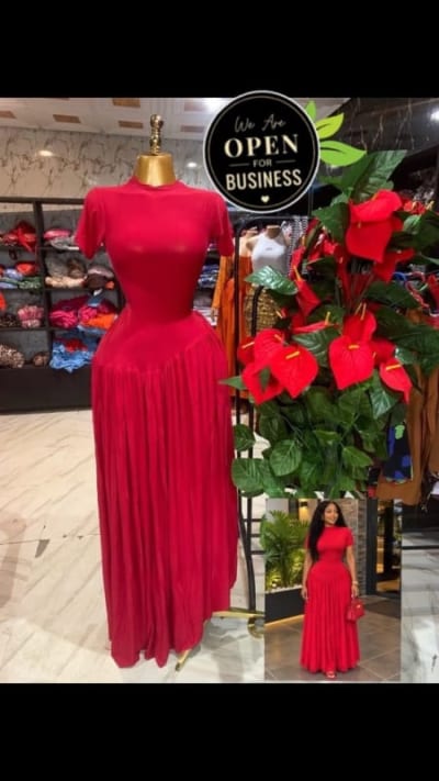 Red Short-Sleeve Maxi Dress with Gathered Skirt