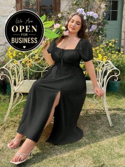Puff-Sleeve Maxi Dress with Front Slit