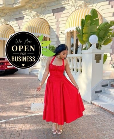 Red Halter Midi Dress with Flared Skirt