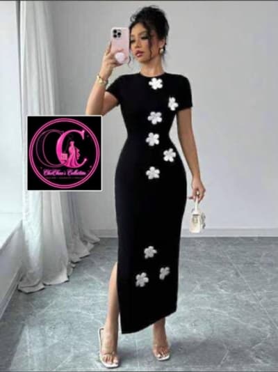 Black Maxi Dress with White Flower Details