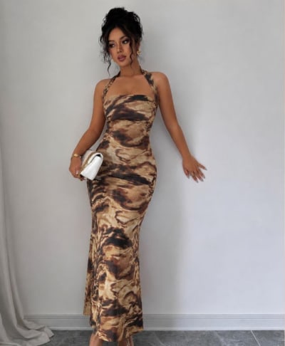 Brown Abstract Print Halter Maxi Dress