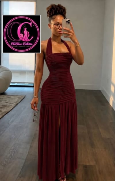Burgundy Ruched Halter Maxi Dress