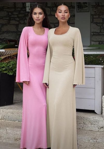 Ribbed Maxi Dress with Flared Sleeves
