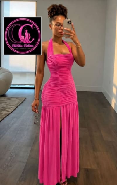 Ruched Halter Maxi Dress with Front Slit