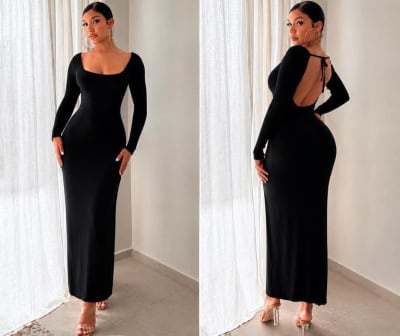 Black Long-Sleeve Open-Back Maxi Dress