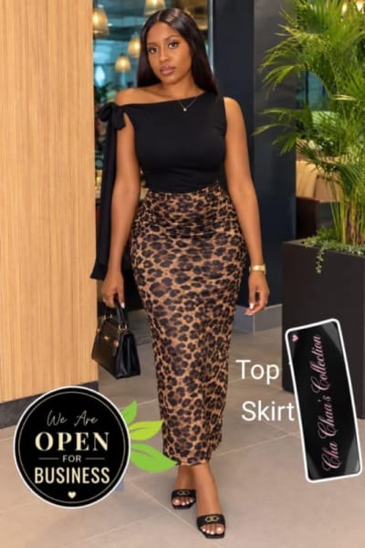 Black Asymmetric Top and Leopard Print Maxi Skirt